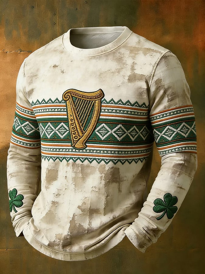 St. Patrick's Day Celtic Pullover with Clover Harp Print Long Sleeve T Shirt Lucky Irish Gifts