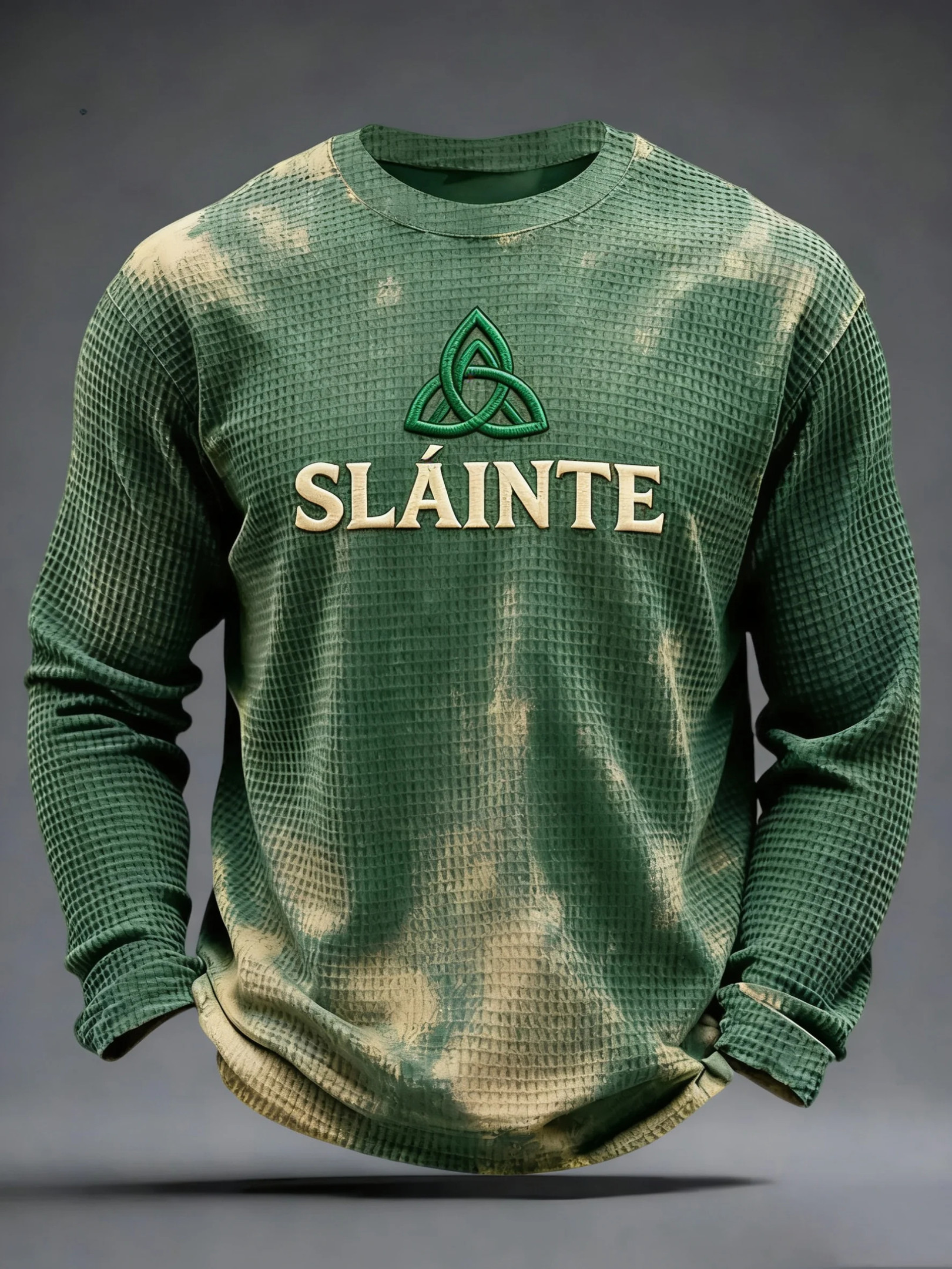 St. Patrick's Day Shamrock Slainte Print Waffle Long Sleeve T-Shirt Green Holiday Gift Ideas