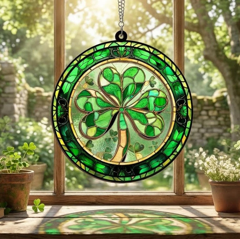 St.Patricks Day Shamrock Suncatcher Window Hanging Stained Glass Clover Irish Decor Gift Ideas