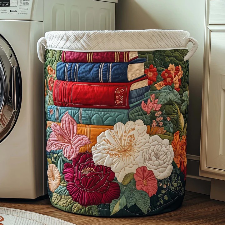 Stacked Books Floral Garden Quilted Laundry Basket Bookworm Home Decor Best Gift Ideas For Book Lovers