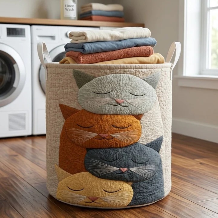 Stacked Sleeping Cats Cozy Garden Quilted Laundry Basket Cat Lover Home Decor Best Gift For Cat Moms