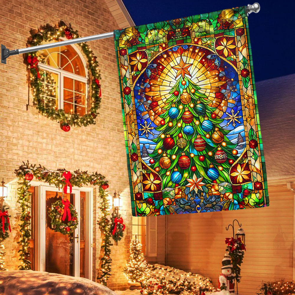 Stained Glass Christmas Tree Flag Merry Christmas