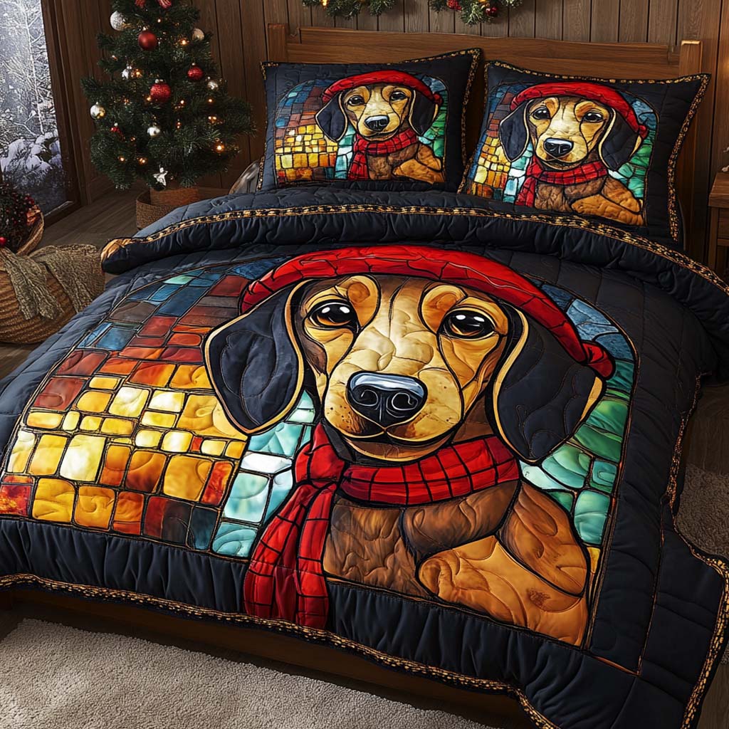 Stained Glass Dachshund Quilted Bedding Set Best Christmas Duvet Cover Set Sausage Dog Merchandise