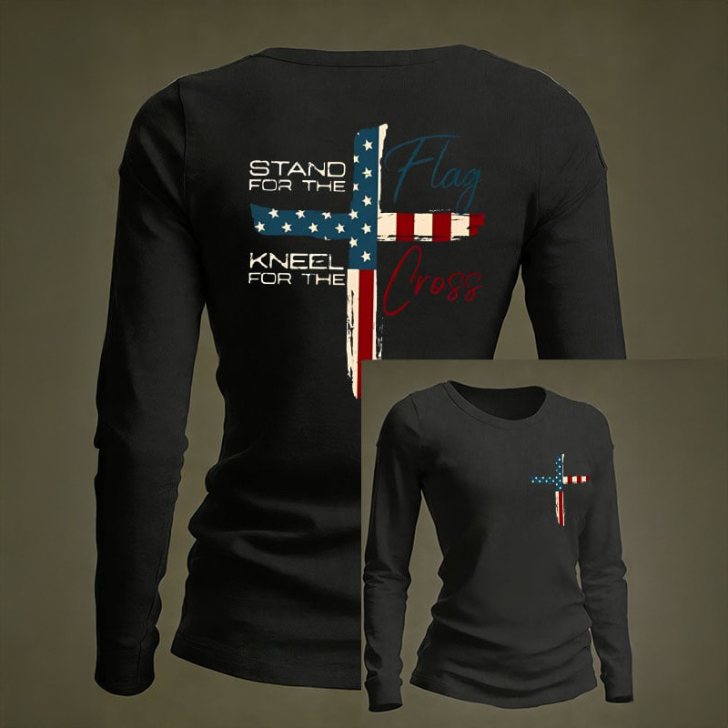 Stand For The Flag Kneel For The Cross Long Sleeve Shirt Independence Day Clothing