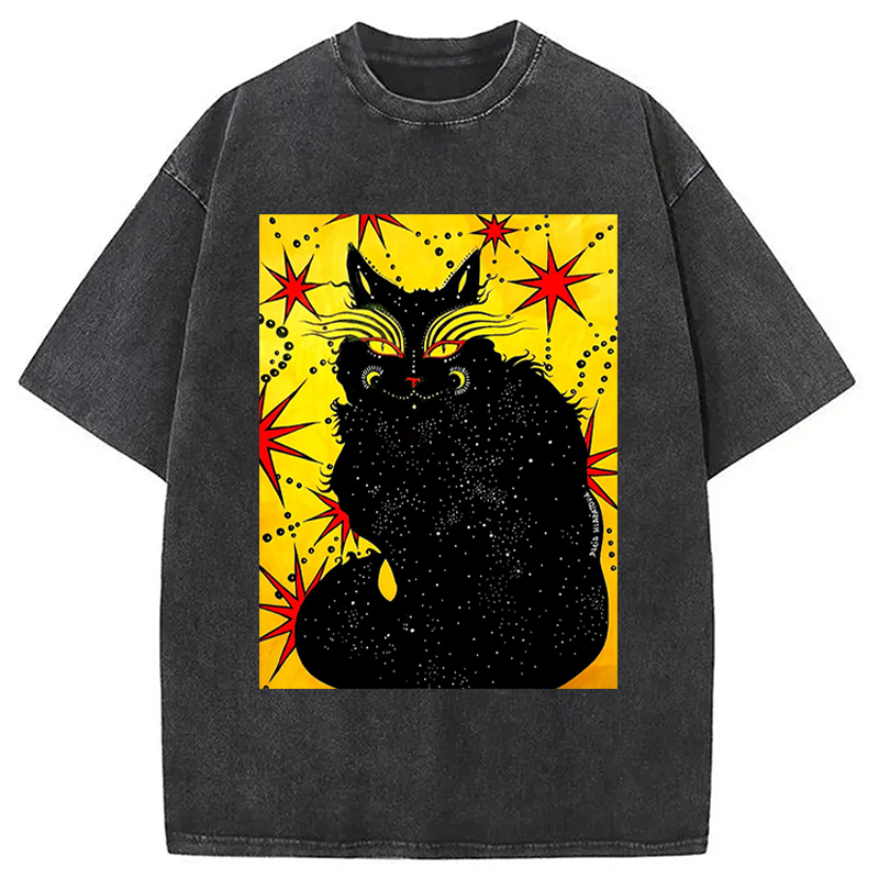 Star Black Cat Washed T-Shirt Minimal Retro Graphic Clothing Gifts For Her