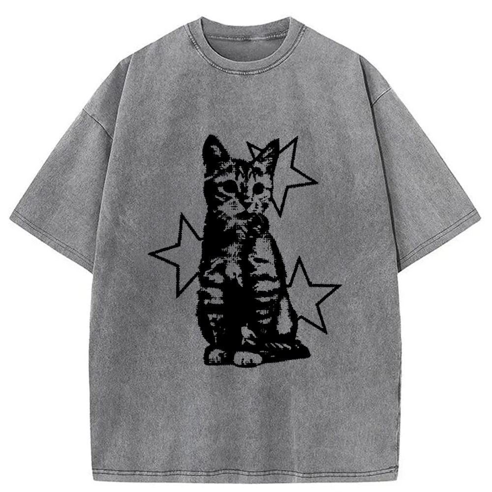 Star Cat Washed T-Shirt Funny Graphic Gift For Friends Gifts For Sister Star Cat Washed T-Shirt Funny Graphic Gift For Friends Gifts For Sister