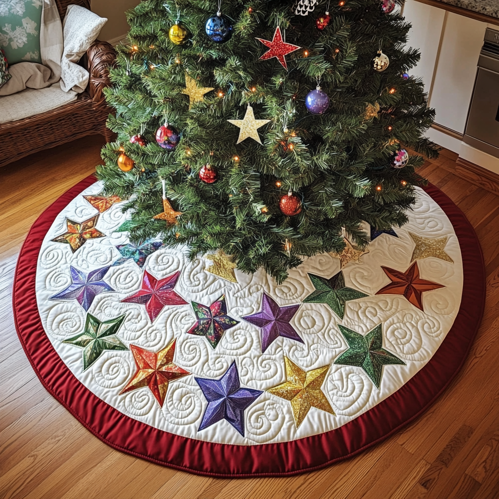 Star Christmas Quilted Tree Skirt Xmas Tree Decor Secret Santa Gifts