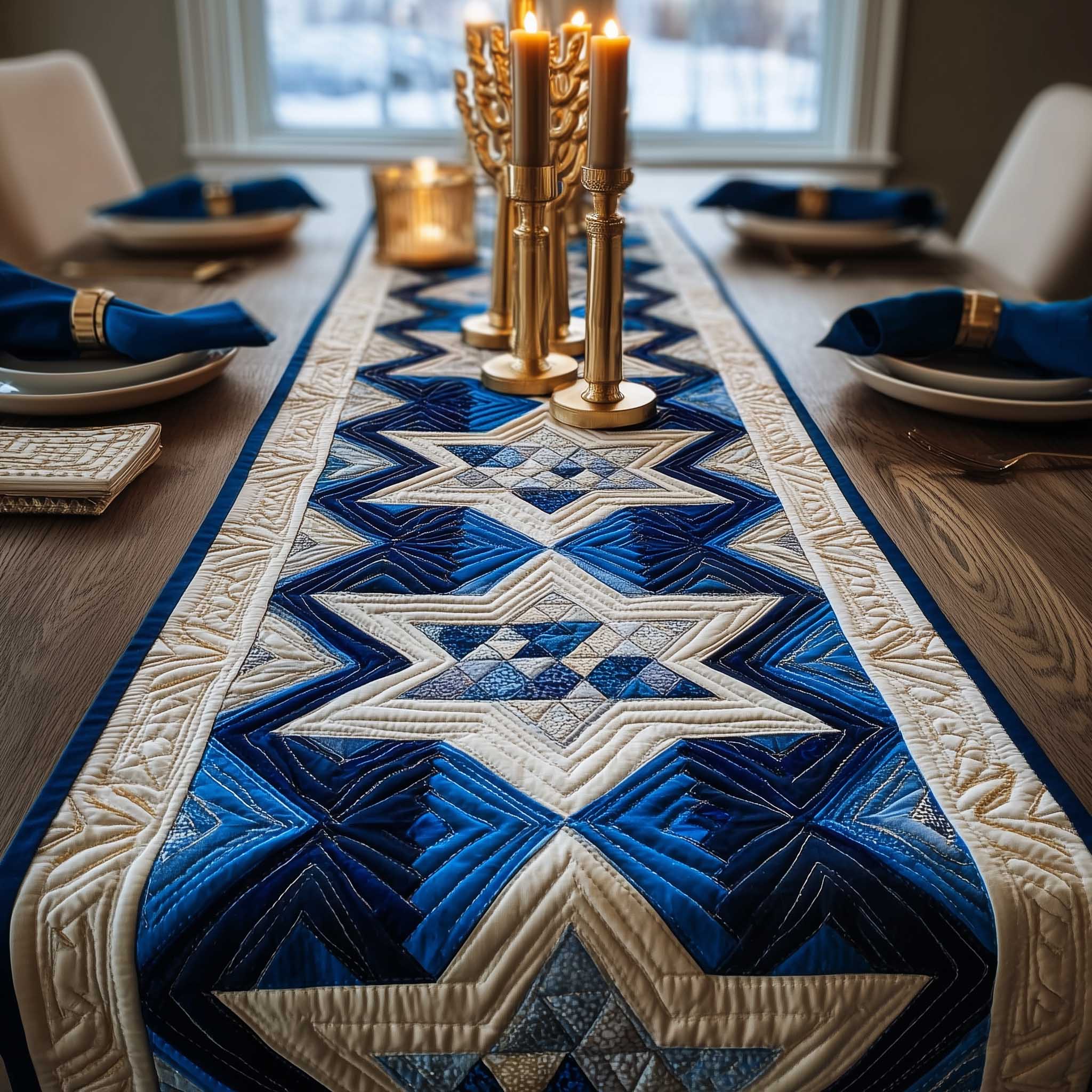 Star Of David Quilted Table Runner Farmhouse Dining Room Decor Gift For Home