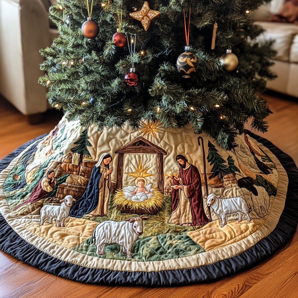 Star of Peace Christmas Quilted Tree Skirt Christmas Tree Base Cover Xmas Gifts For Aunts And Uncles