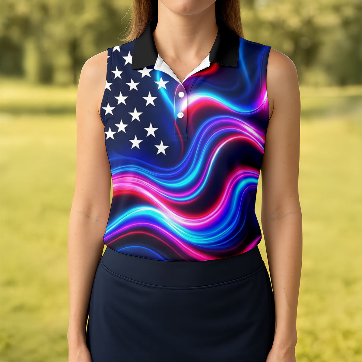 Star Pattern Neon Color Wavy Stripes Sleeveless Polo Shirt Women's Clothing Gifts For Mom