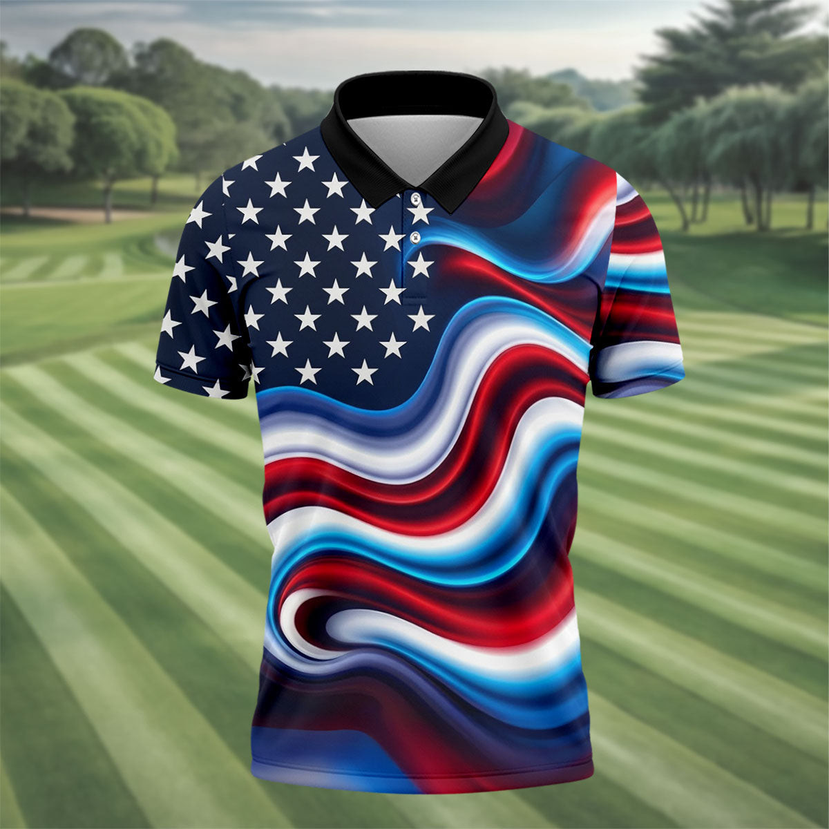 Star Pattern Red White Blue Wavy Stripes Polo Shirt Men's Apparel Unique Gifts For Dad