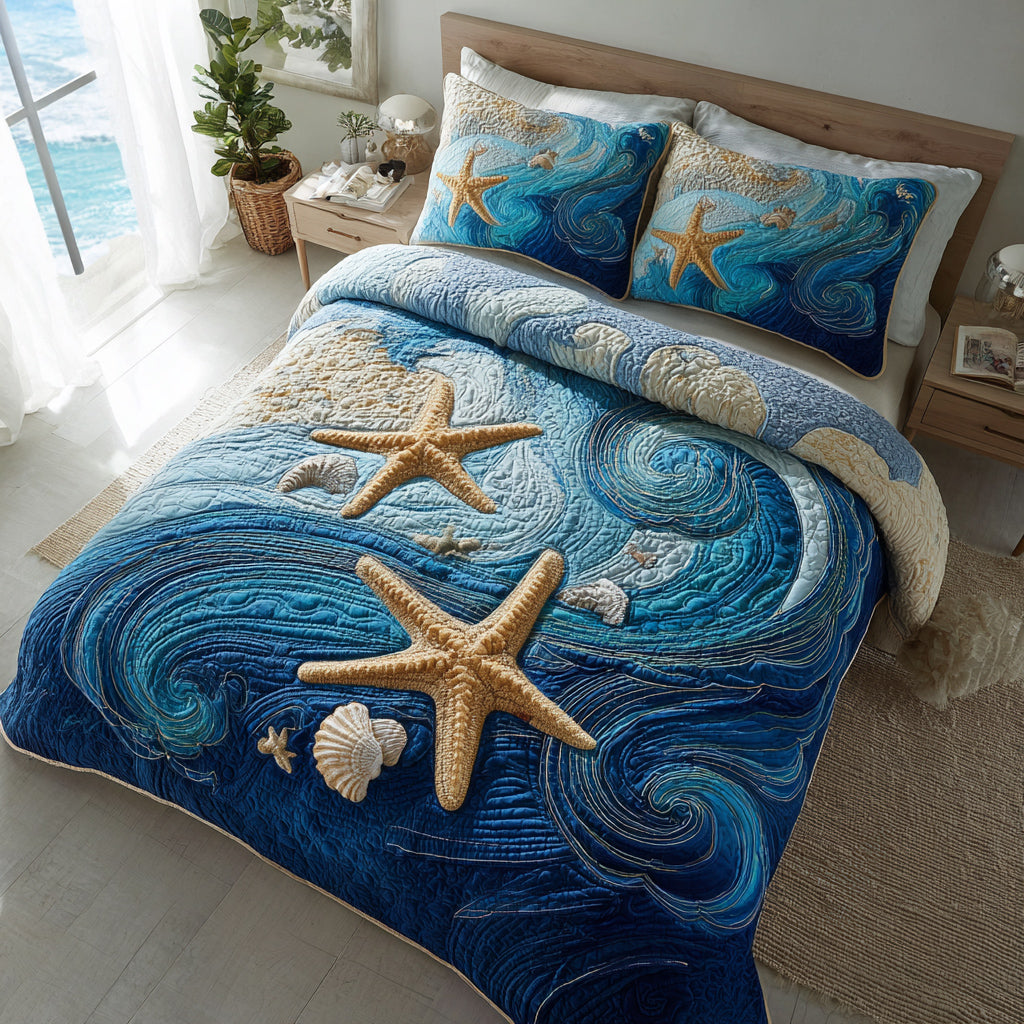 Starfish Ocean Life Quilted Bedding Set Bedroom Decor Best Gifts For Ocean Lovers