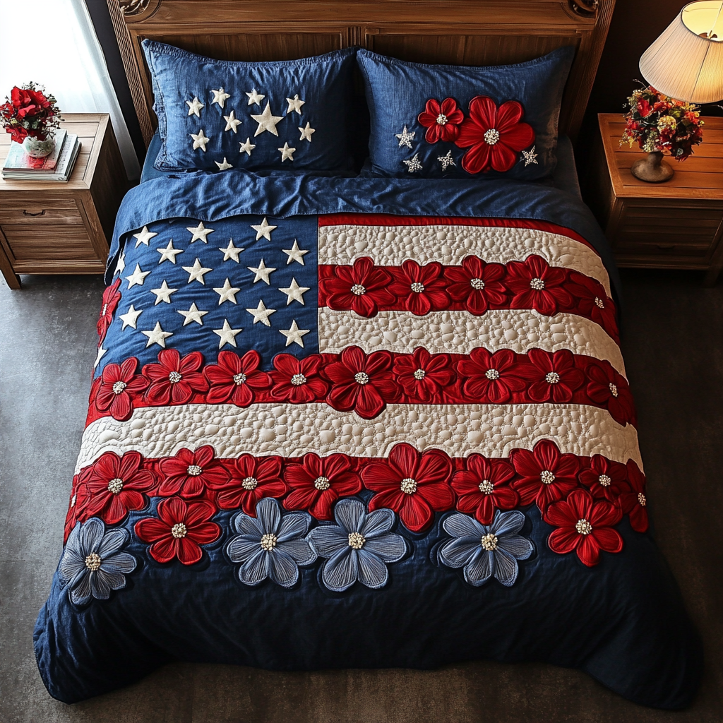 Starland Petals Quilted Bedding Set Cozy Bedroom Decor Patriotic Gifts For Veterans