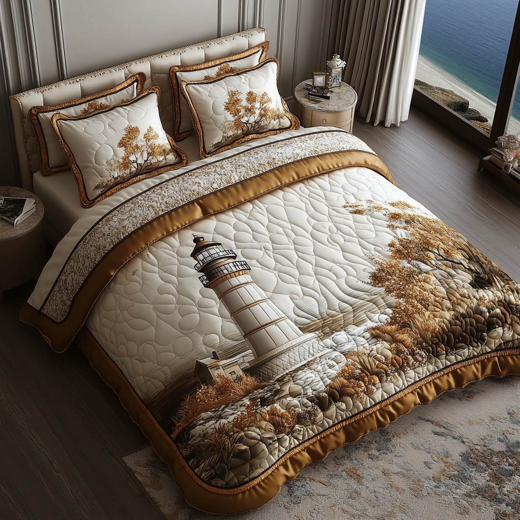 Starlight Lighthouse Quilted Bedding Set Cozy Bedroom Decor Unique Lighthouse Gifts