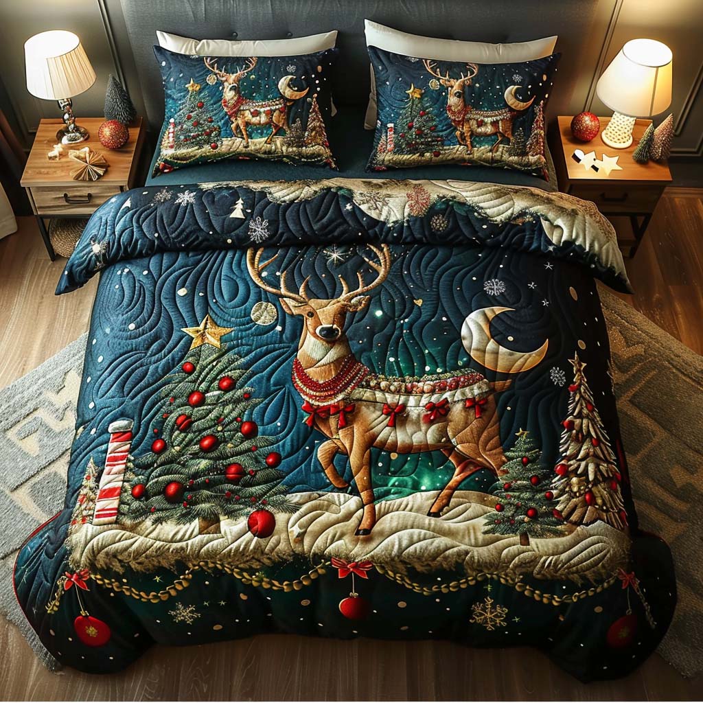 Starlight Reindeer Quilted Bedding Set Queen Size Quilt Festive Gift For Sister