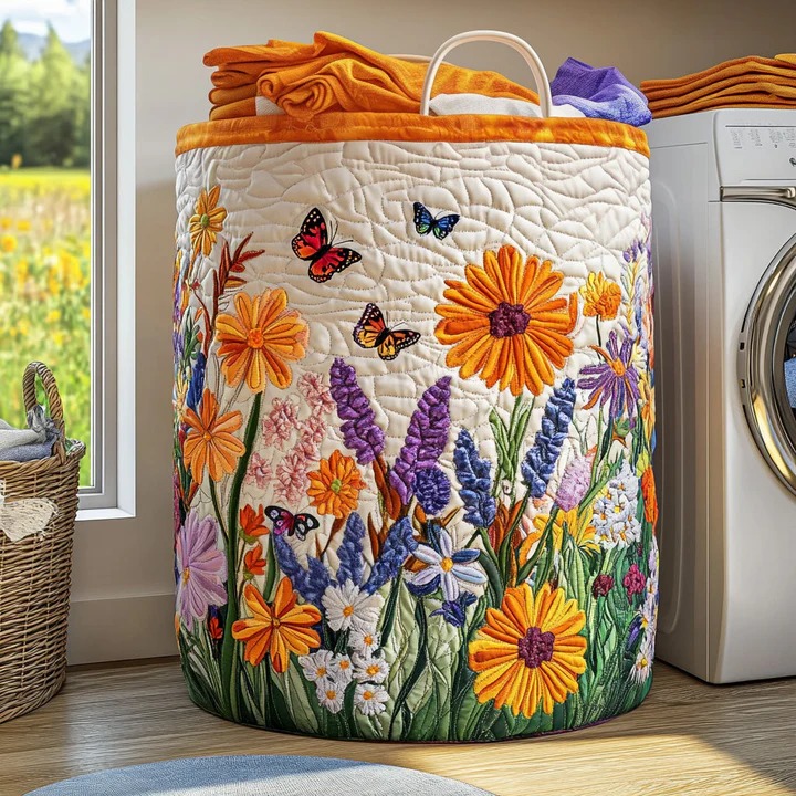 Starlight Wings Wildflower Garden Quilted Laundry Basket Butterfly Decor Best Gift For Nature Lovers