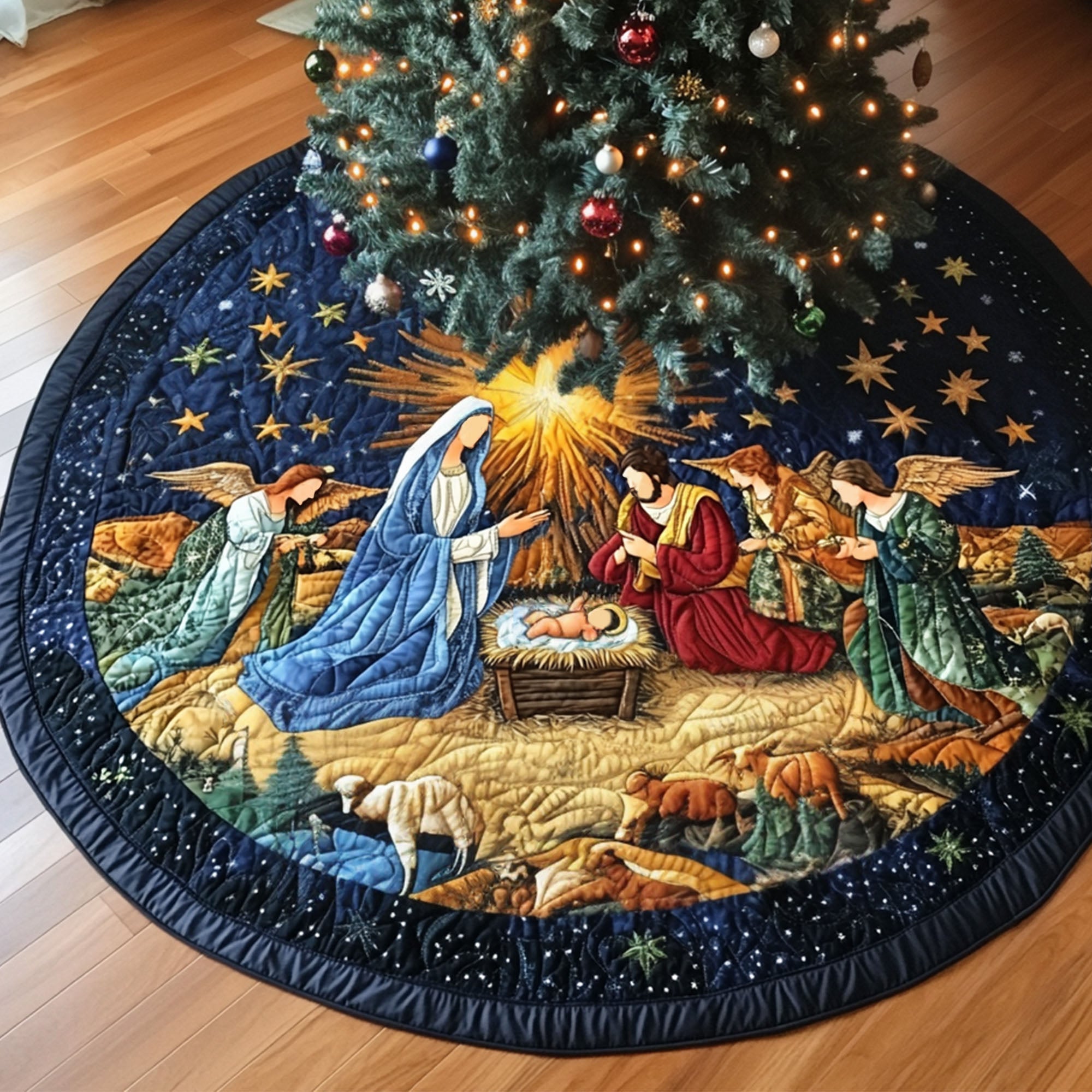 Starlit Birth Quilted Christmas Tree Skirt Popular Gift Merch for Christmas Enthusiasts