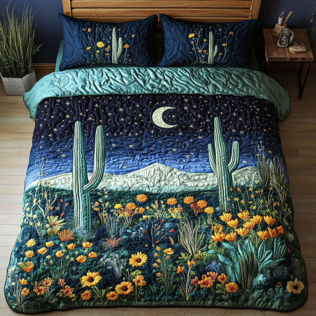 Starlit Cacti Quilted Bedding Set Holiday Season Duvet Cover Set Cactus Related Gifts