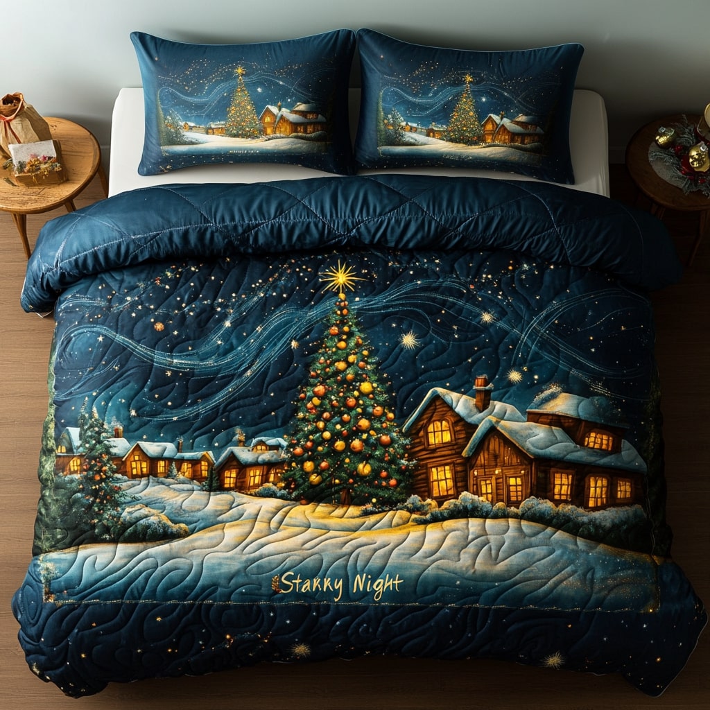 Starlit Evergreen Nights Quilted Bedding Set Twin Bed Sheets Christmas Gift For Dad