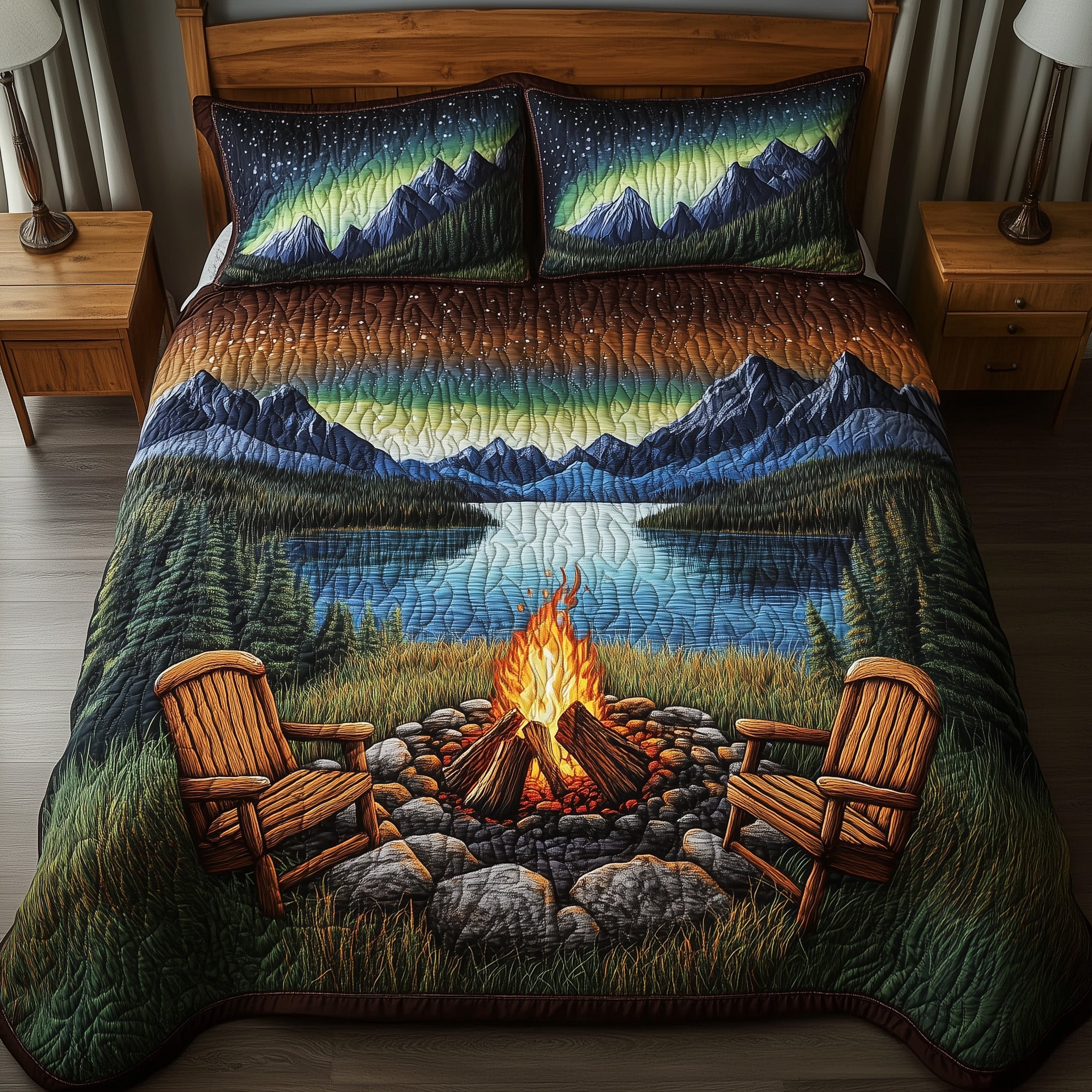 Starlit Fire Dreams Quilted Bedding Set Duvet Cover Bed Sheet Gifts For Camper Owners