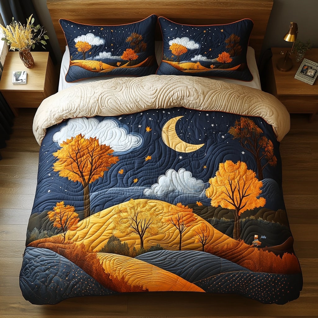 Starlit Forest Night Quilted Bedding Set Full Size Comforter Christmas Holiday Gift For Dad
