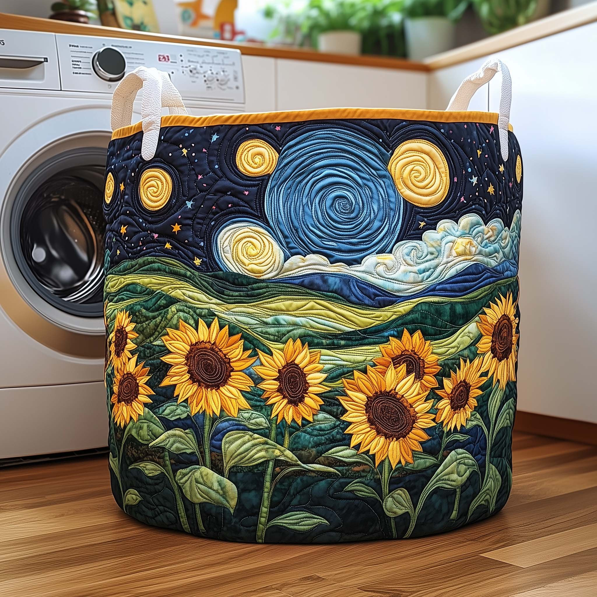 Starlit Sunflowers Quilted Laundry Basket Starry Night Natural Home Decor Gift Ideas