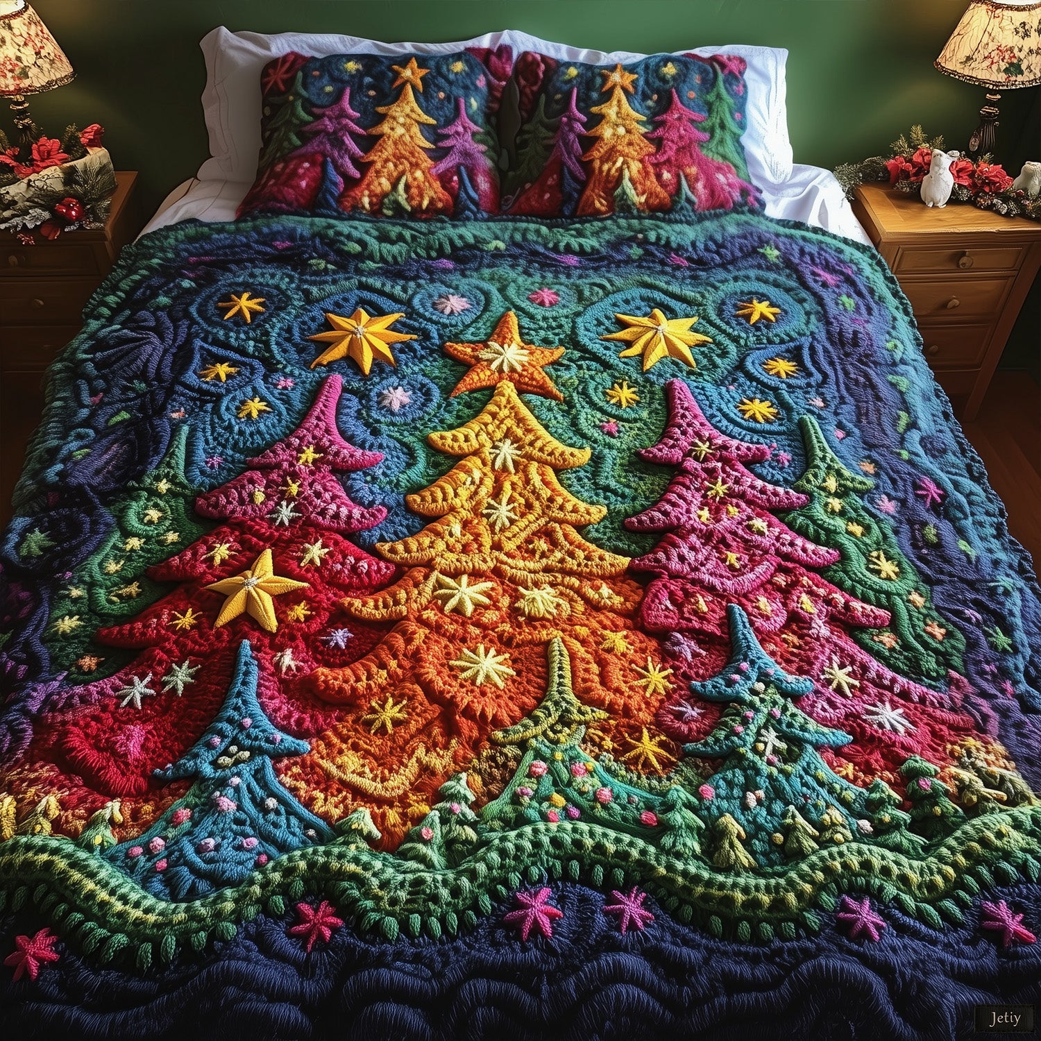 Starlit Treescape Quilted Bedding Set Christmas Comforter Xmas Gifts For Daughters