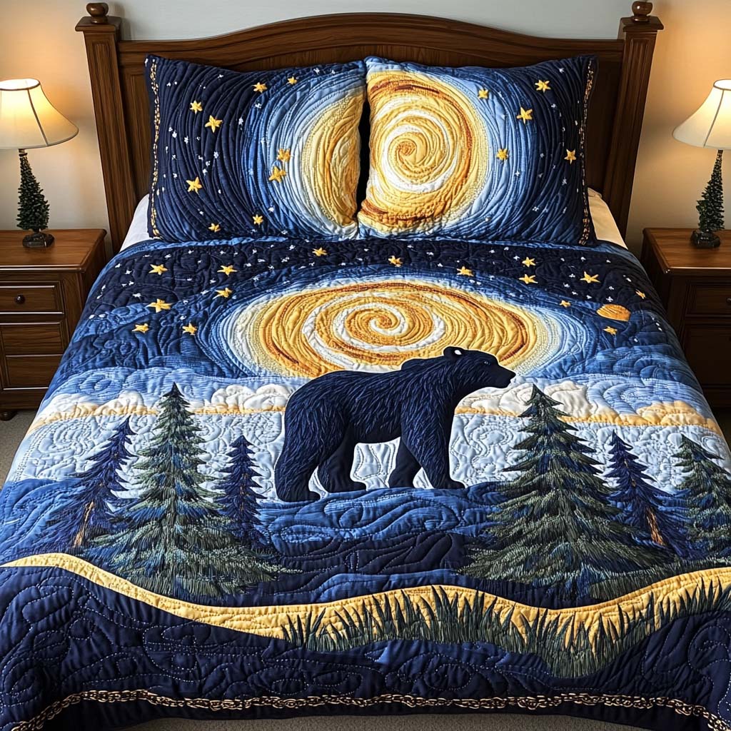 Starry Bear Walk Quilted Bedding Set Van Gogh Duvet Cover Set Bedroom Decorations