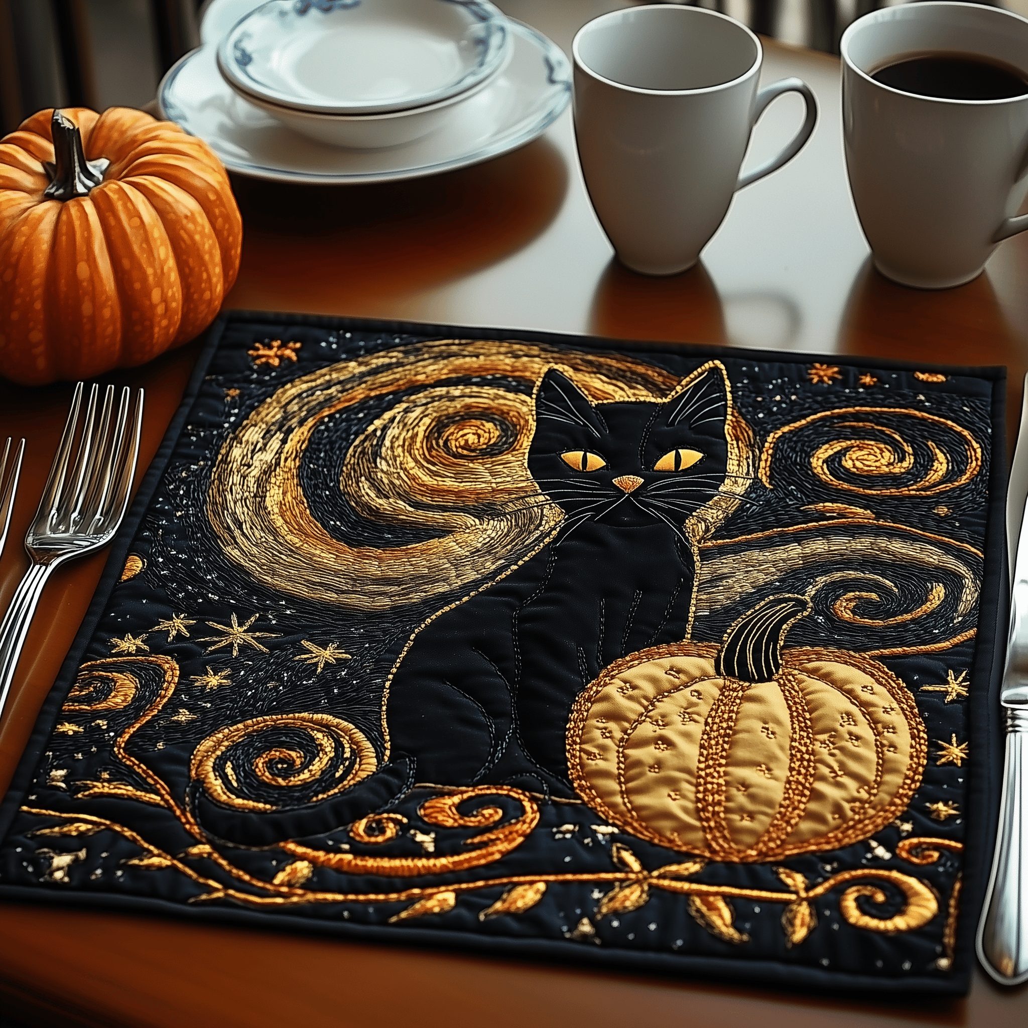 Starry Black Cat Quilted Placemat Dining Wipeable Table Mat Cat Christmas Gifts For Her