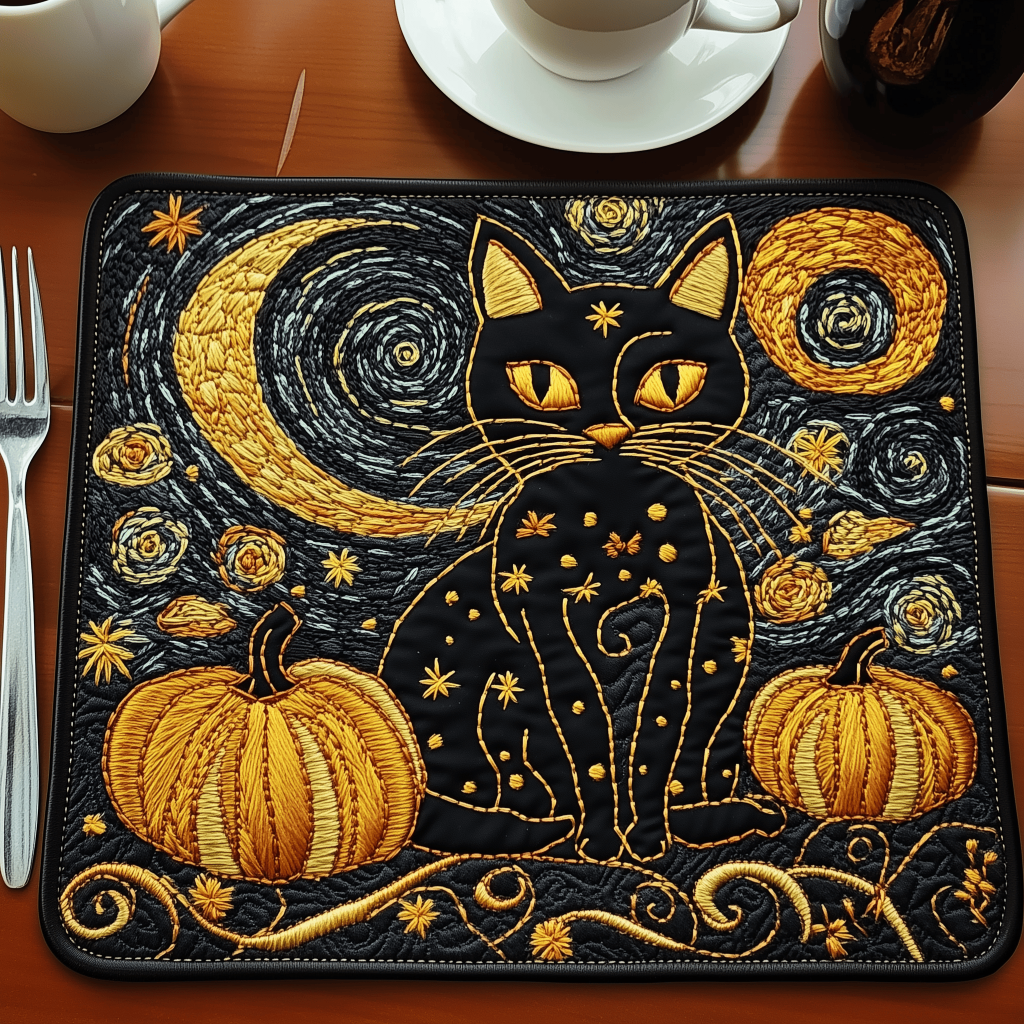 Starry Black Cat Quilted Placemat Fabric Holiday Placemat Christmas Gift Ideas For Cat Lovers