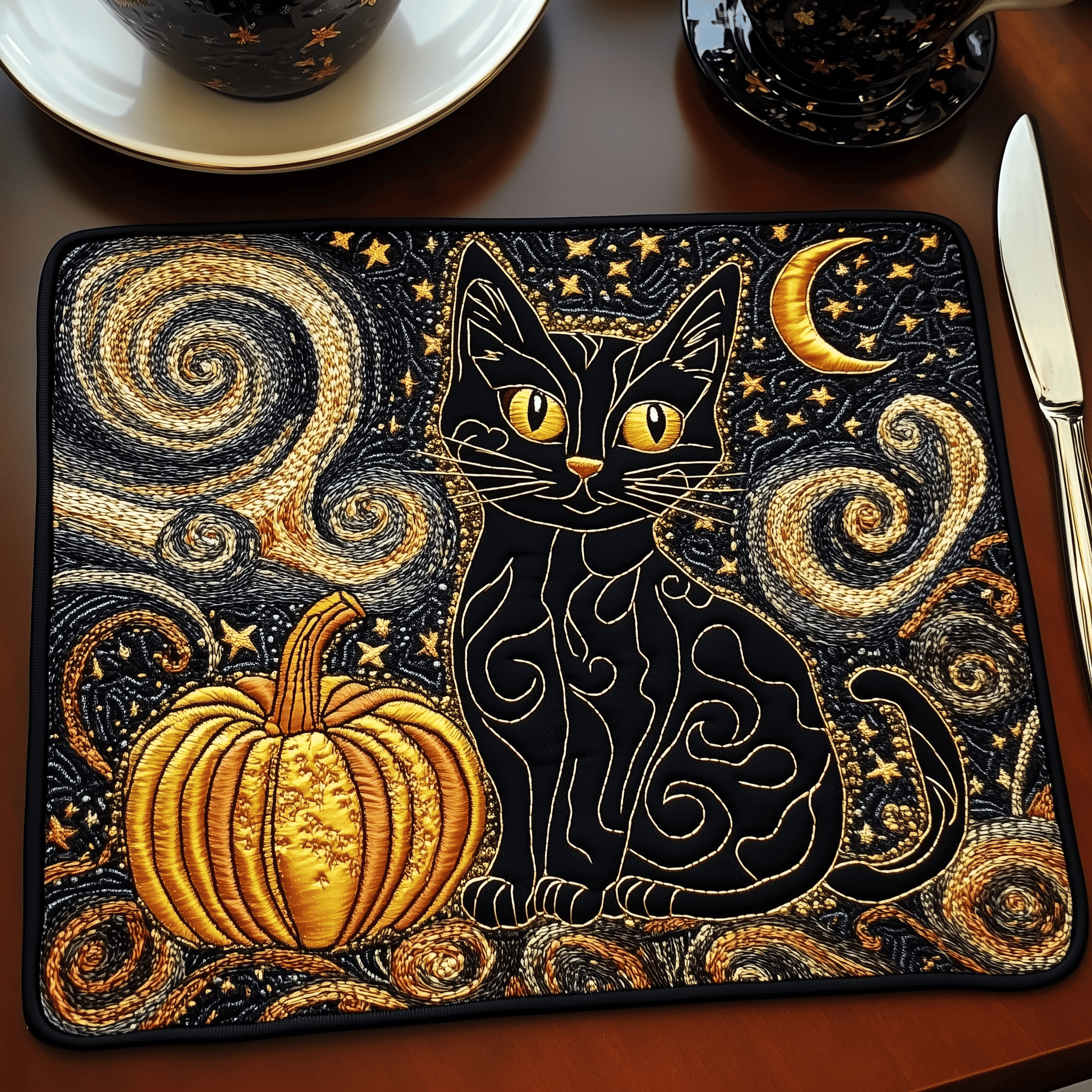 Starry Black Cat Quilted Placemat Modern Dining Placemat Cat Themed Christmas Presents