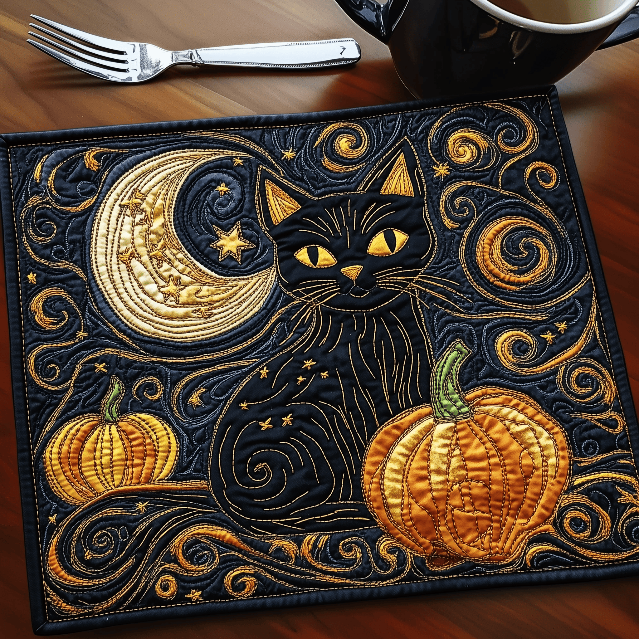 Starry Black Cat Quilted Placemat Modern Washable Placemat Cat Dad Christmas Gifts