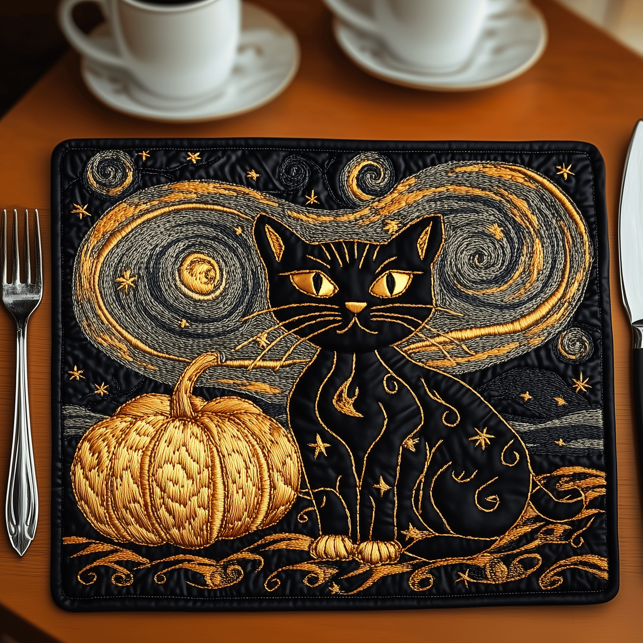 Starry Black Cat Quilted Placemat Square Table Placemat Cat Cat Christmas Items For Xmas
