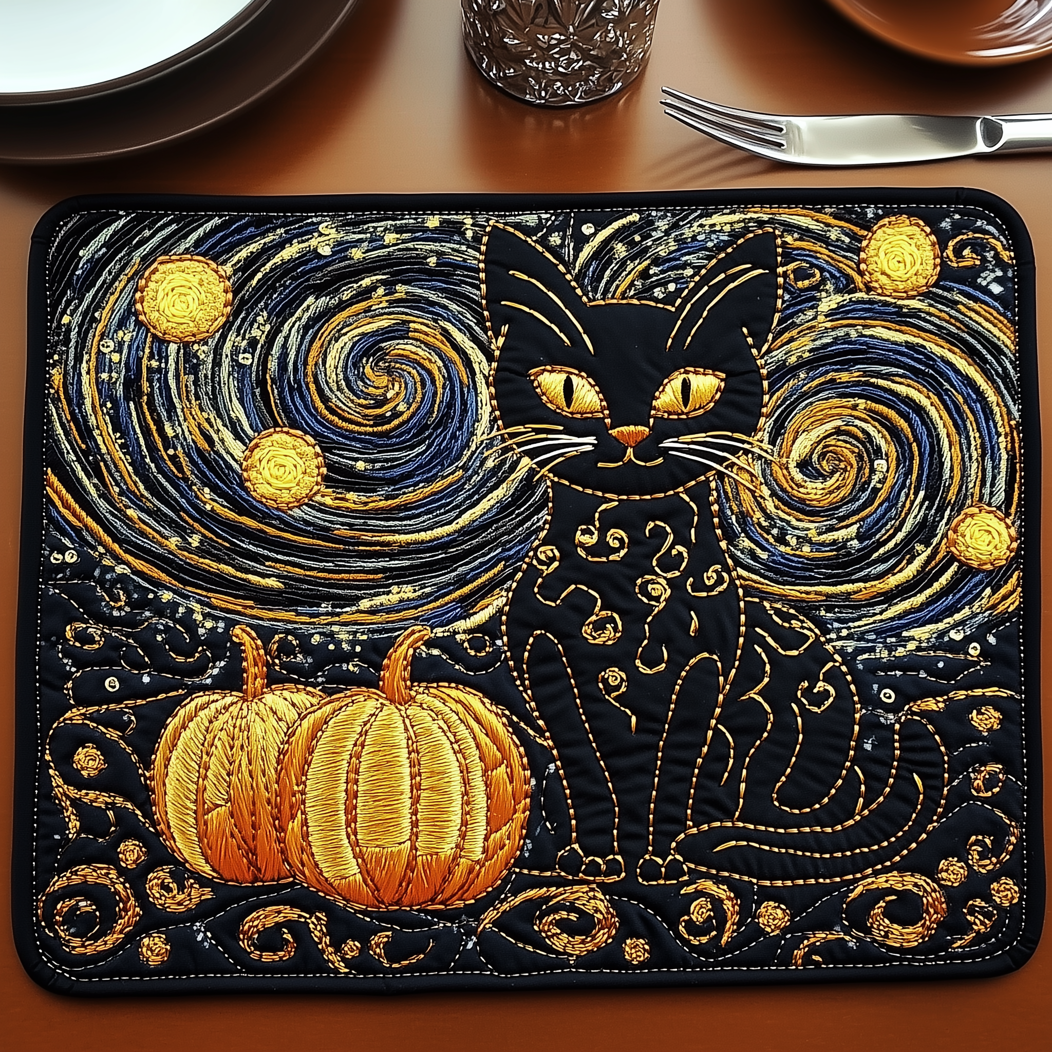 Starry Black Cat Quilted Placemat Square Table Placemat Cat Owner Gifts For Christmas