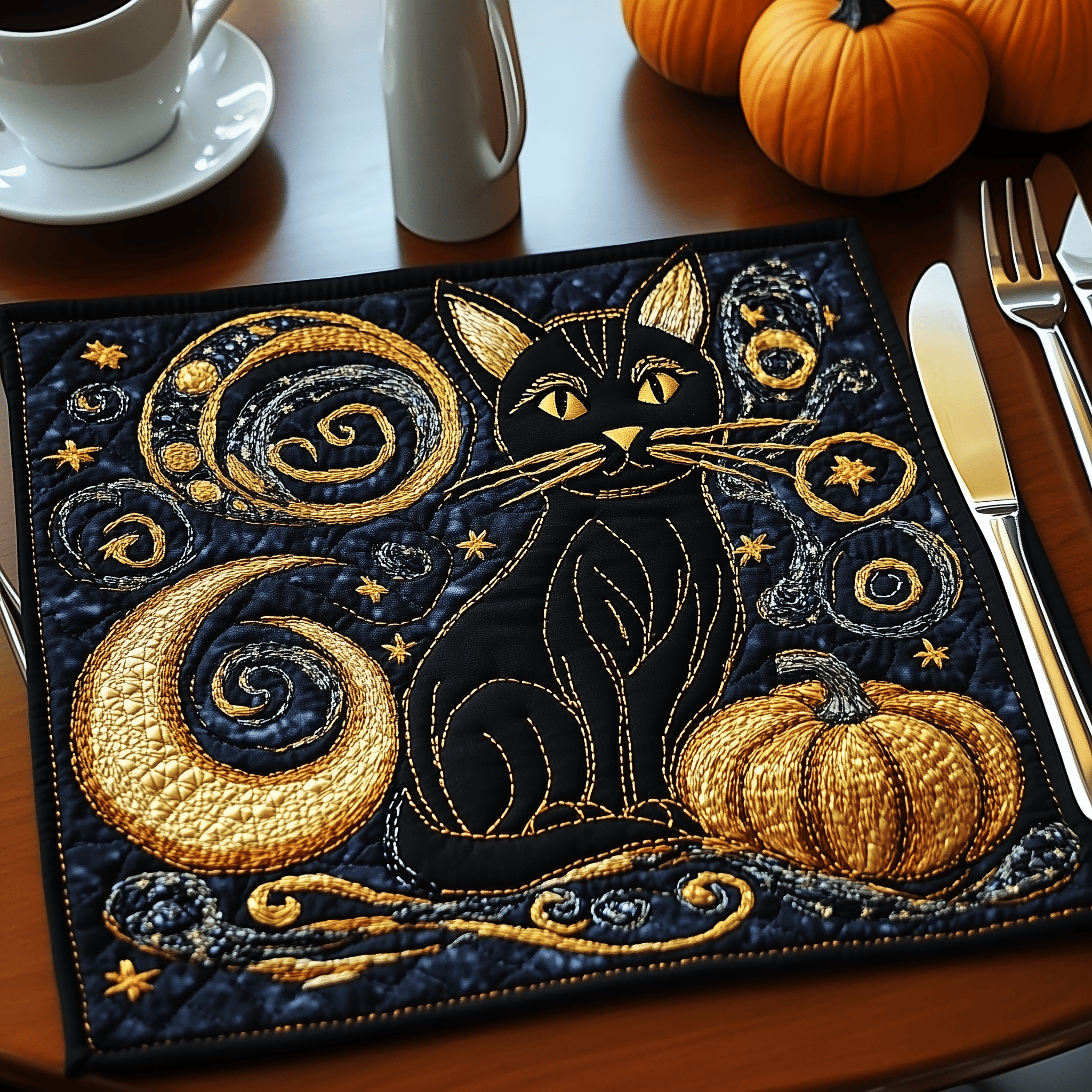 Starry Black Cat Quilted Placemat Wipeable Fabric Placemat Cool Gifts For Cat Owners