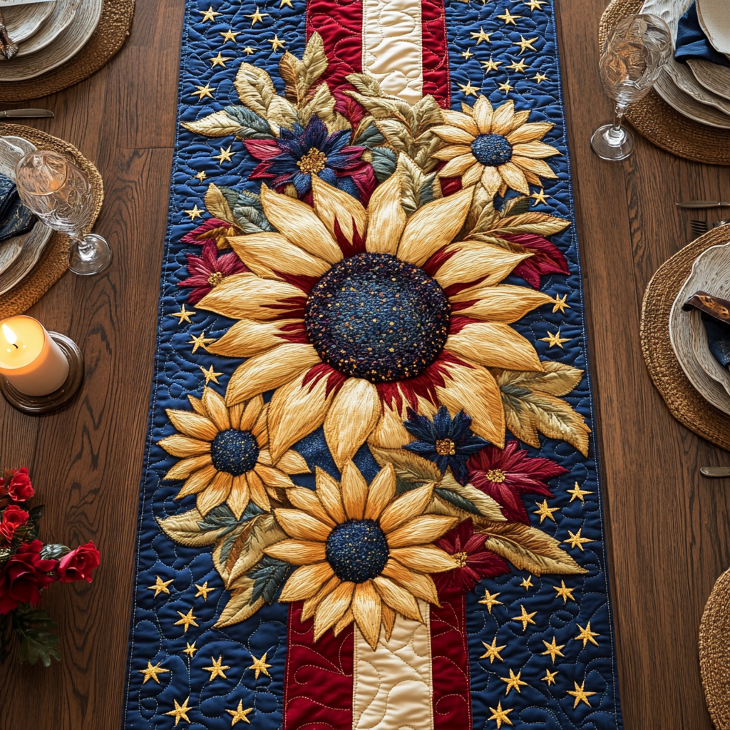 Starry Bloom Quilted Table Runner Dining Room Decor Sunflower Gifts For Her