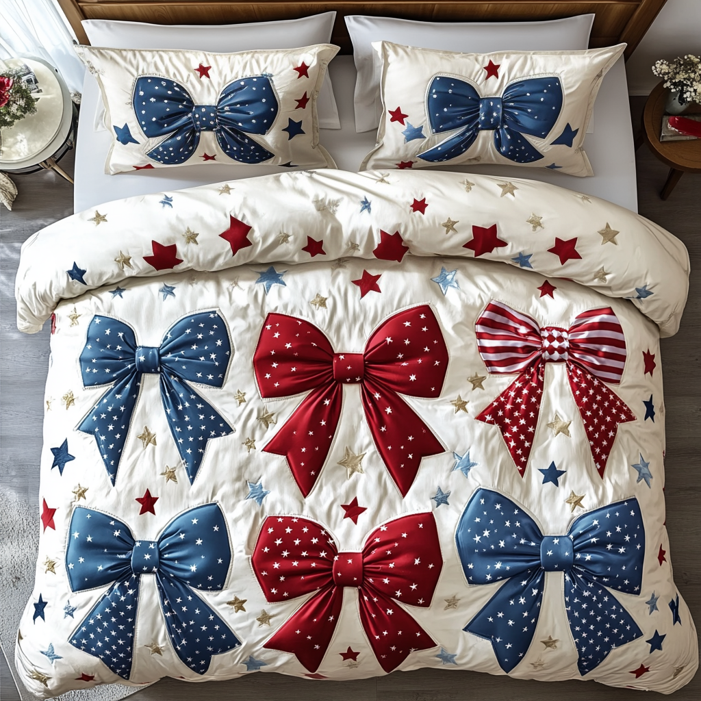 Starry Bows Quilted Bedding Set Aesthetic Room Decor Patriotic Christmas Gifts