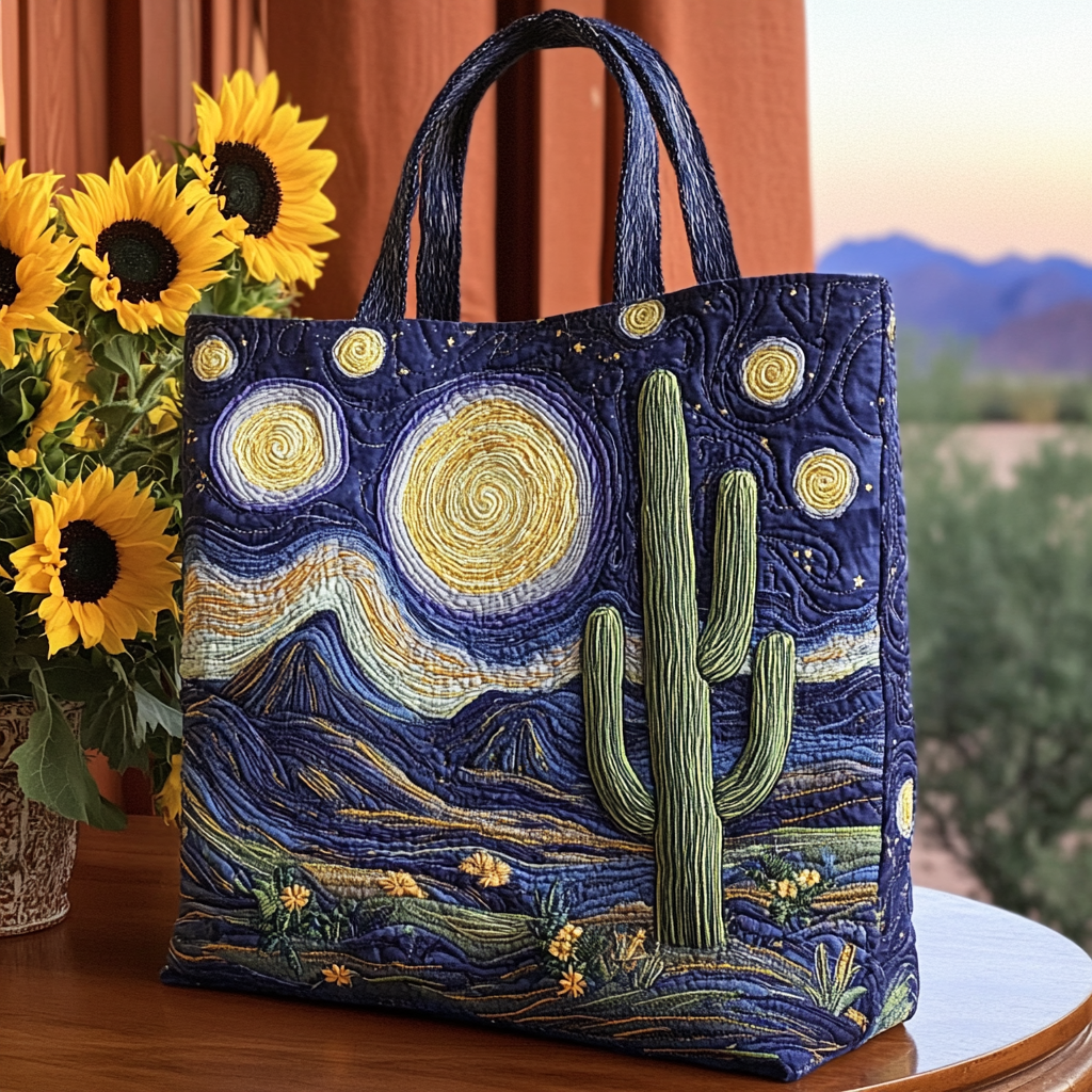 Starry Cactus Quilted Tote Bag Cactus Themed Gifts