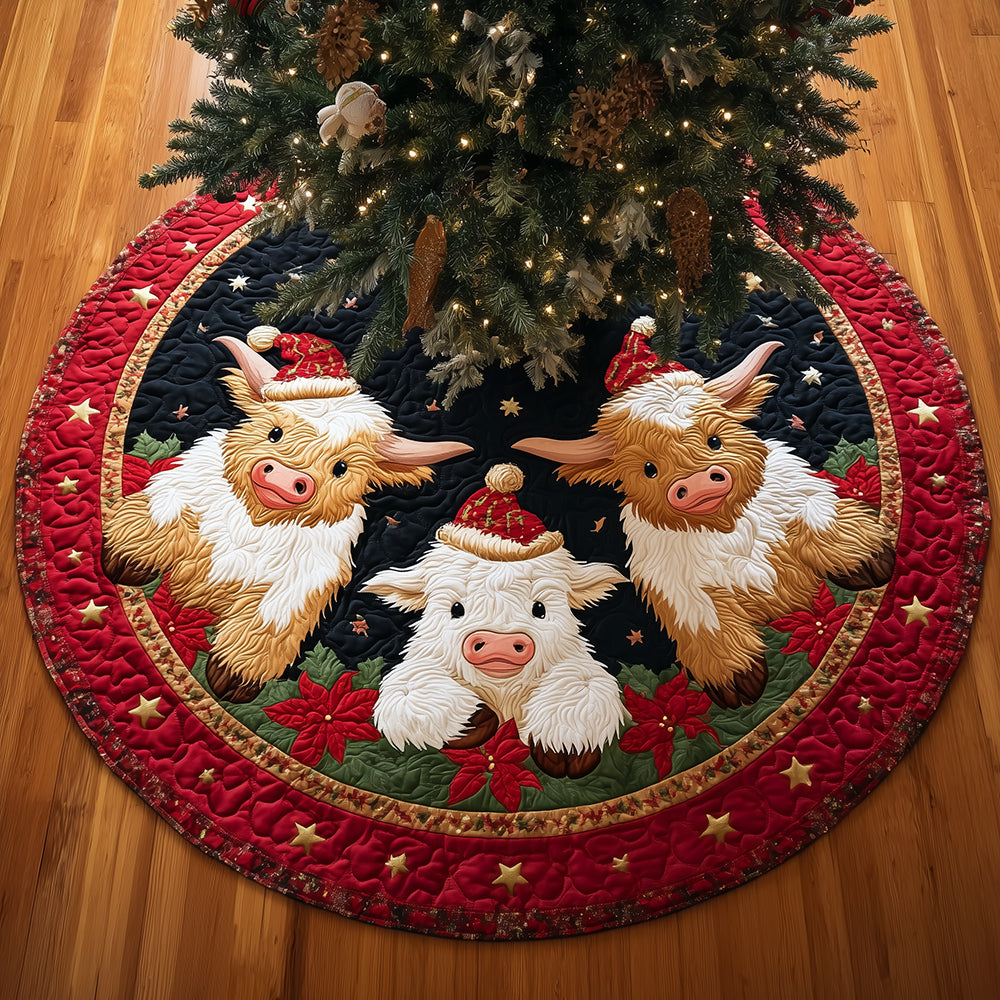 Starry Cow Night Christmas Quilted Tree Skirt Xmas Home Decor Gifts For Highland Cow Lovers