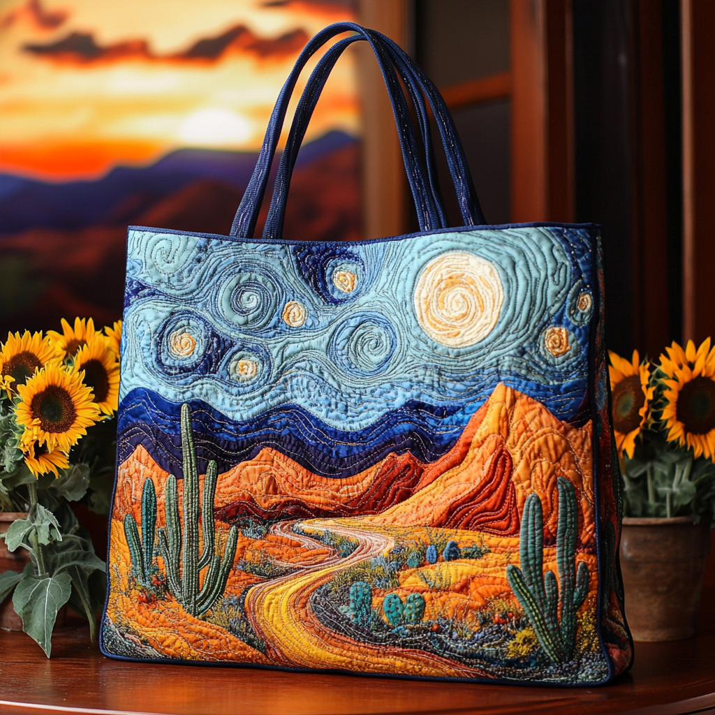 Starry Desert Quilted Tote Bag Cactus Inspired Gifts