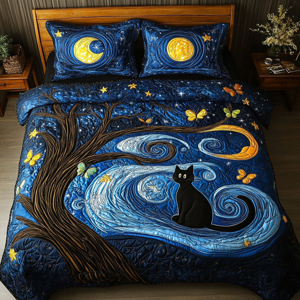 Starry-eyed Kitty Quilted Bedding Set Bed Room Decoration Black Cat Gift Shop