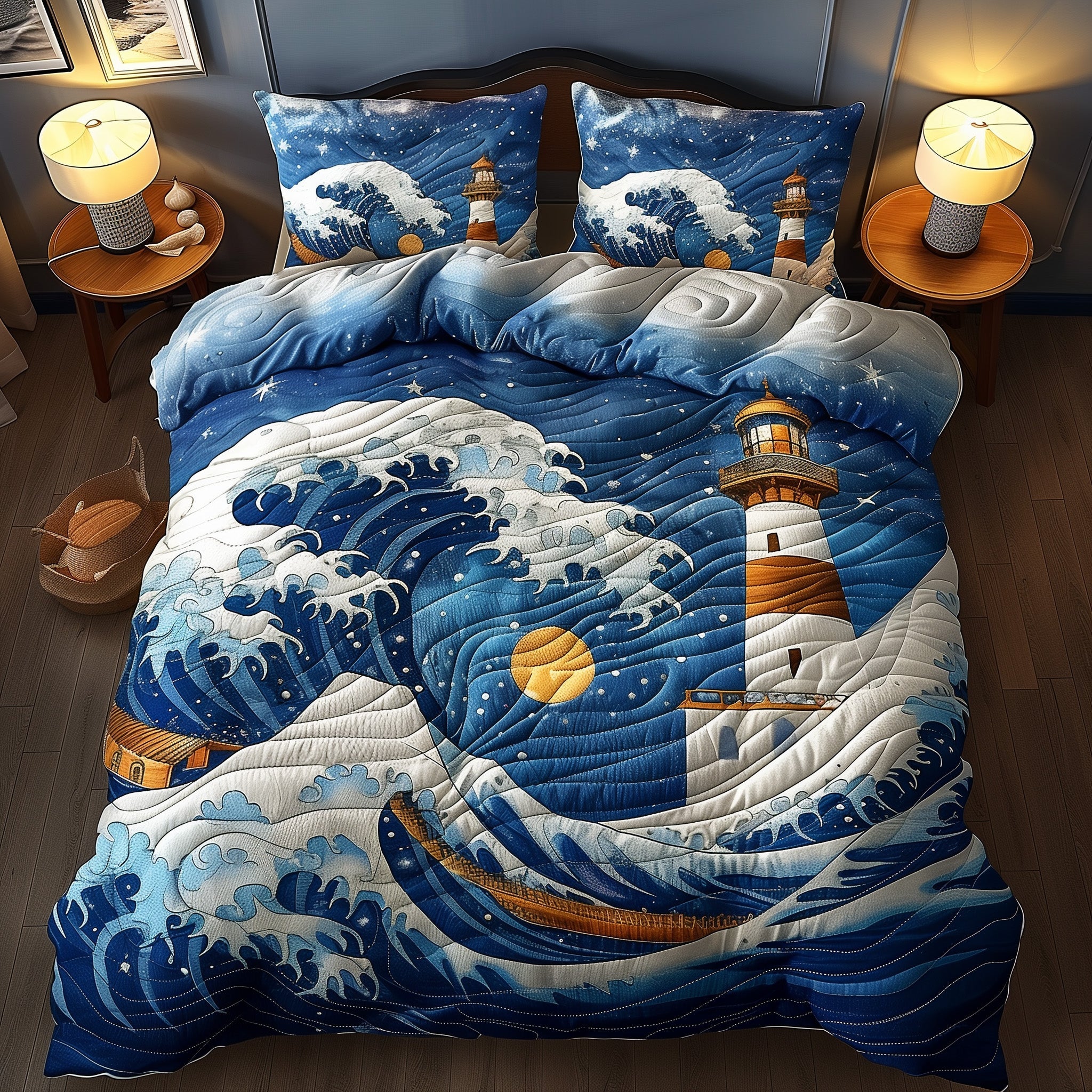 Starry Lighthouse Quilted Bedding Set Nautical Night Decor Unique Bedding Gifts