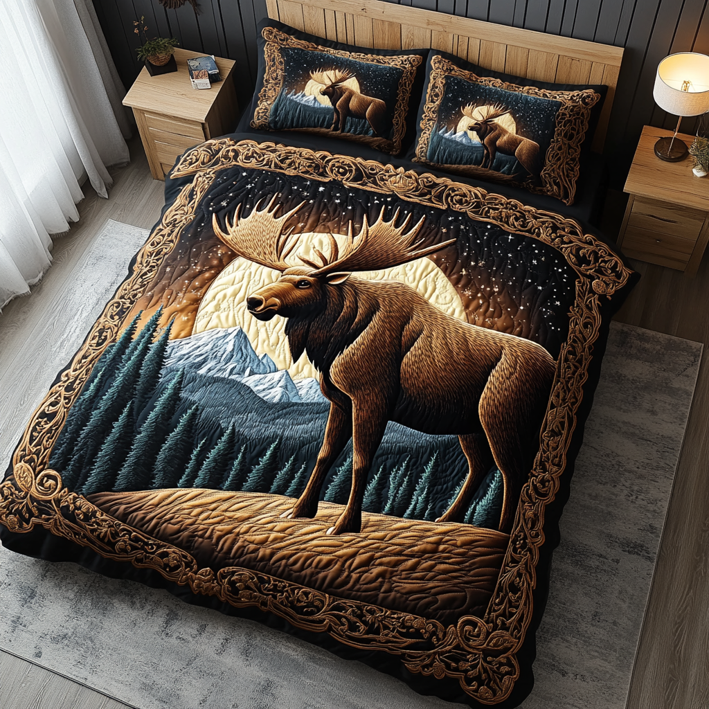 Starry Moose Quilted Bedding Set Bed Room Decoration Gifts For Moose Lovers