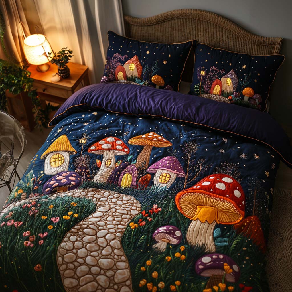 Starry Mushroom Trail Quilted Bedding Set Cool Bedroom Decor Mushroom Lover Gifts