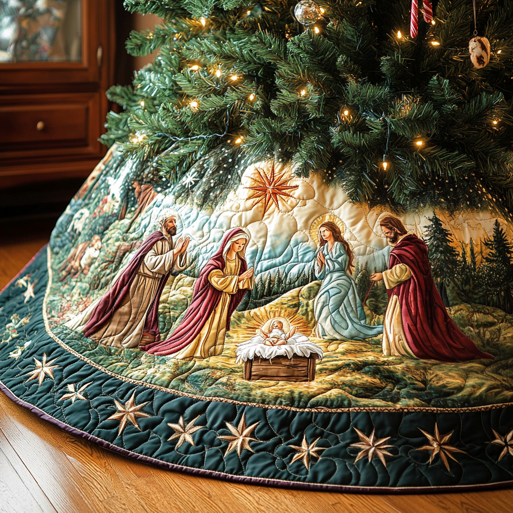 Starry Nativity Quilted Christmas Tree Skirt Lovely Holiday Tree Skirt for Festive Vibes