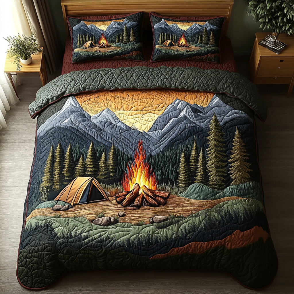 Starry Night Camp Quilted Bedding Set Bed Room Decoration Camping Gifts For Men Women