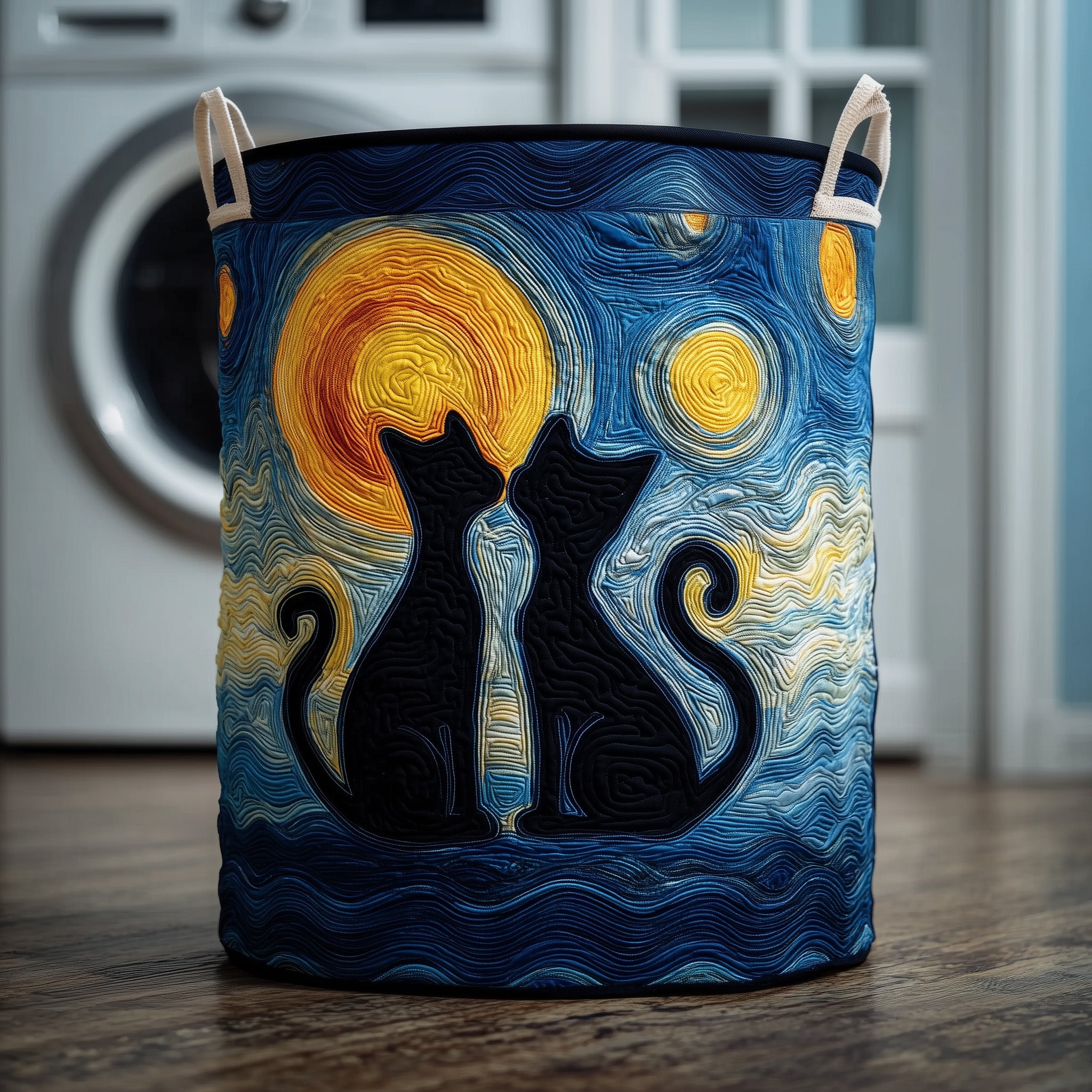Starry Night Cat Couple Quilted Laundry Basket Cute Gifts For Cat Enthusiasts