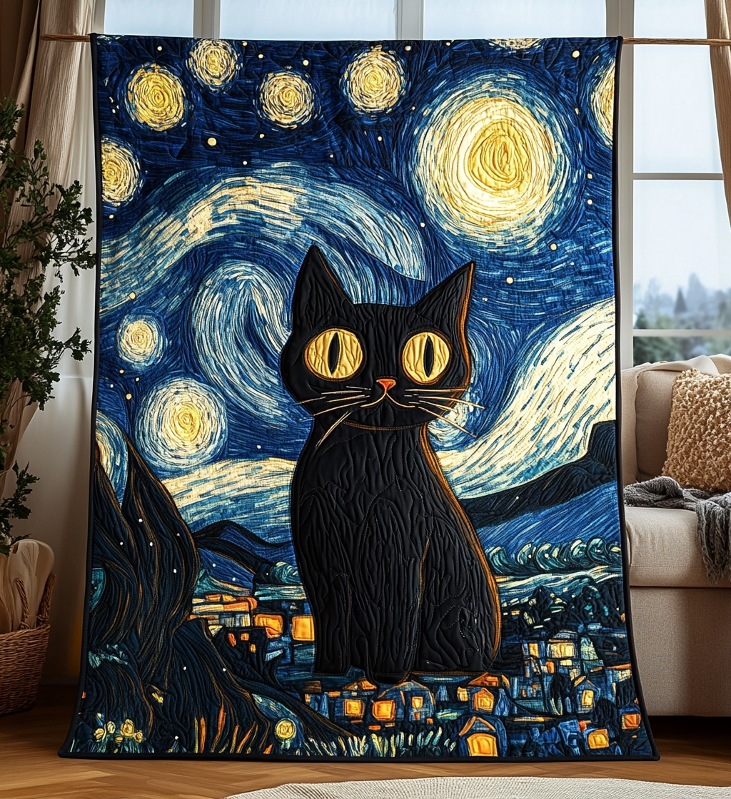 Starry Night Cat Quilted Blanket Cat Christmas Gifts