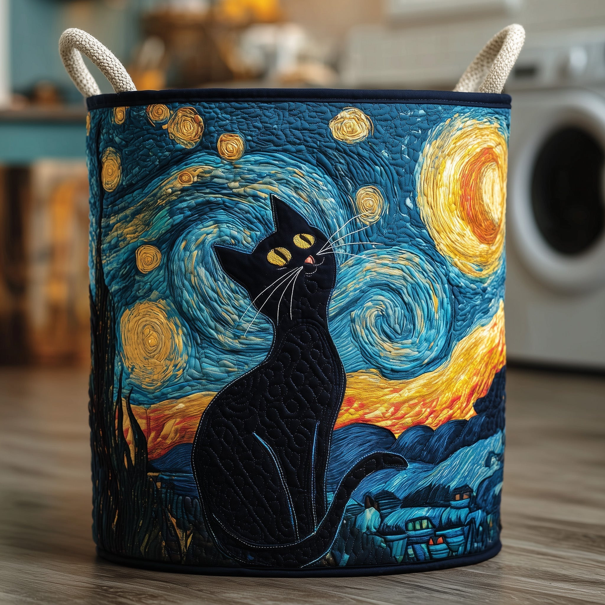 Starry Night Cat Quilted Laundry Basket Starry Night Aesthetic Home Decor Cat Owner Gifts