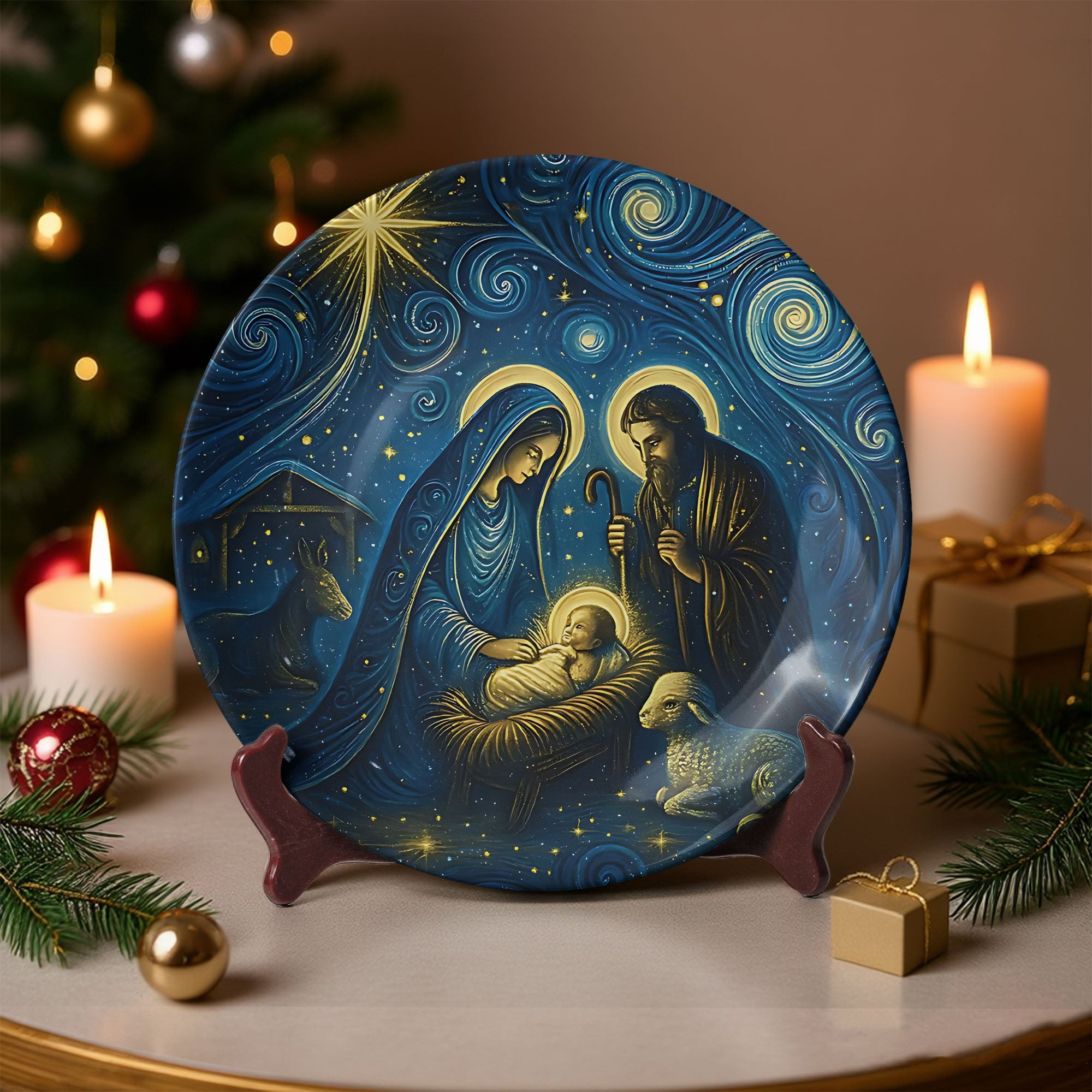 Starry Night Nativity Ceramic Plate Holy Family Art Religious Christmas Gift Idea